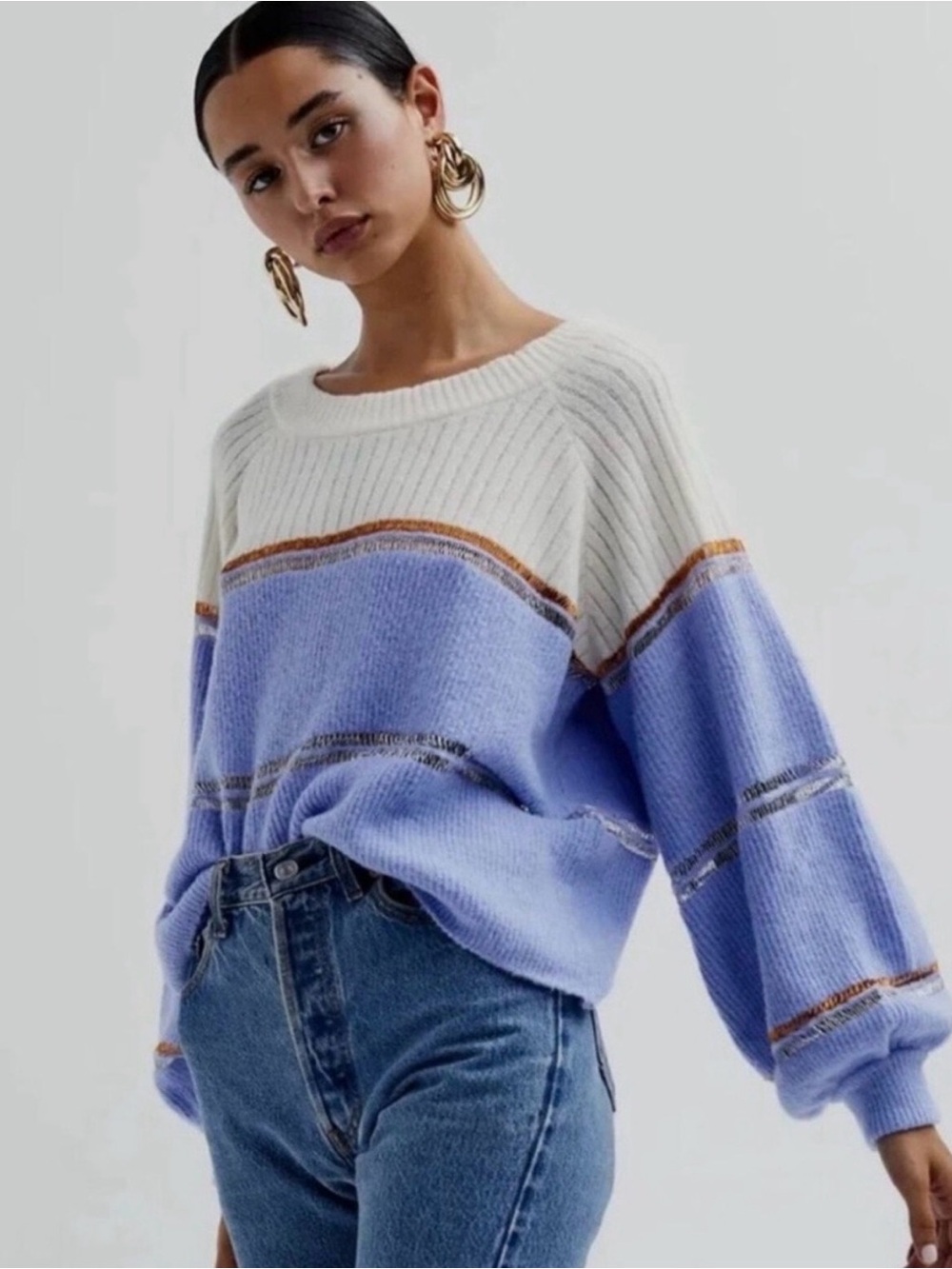 For Love And Lemons Cream and Periwinkle Stripe Knit Sweater